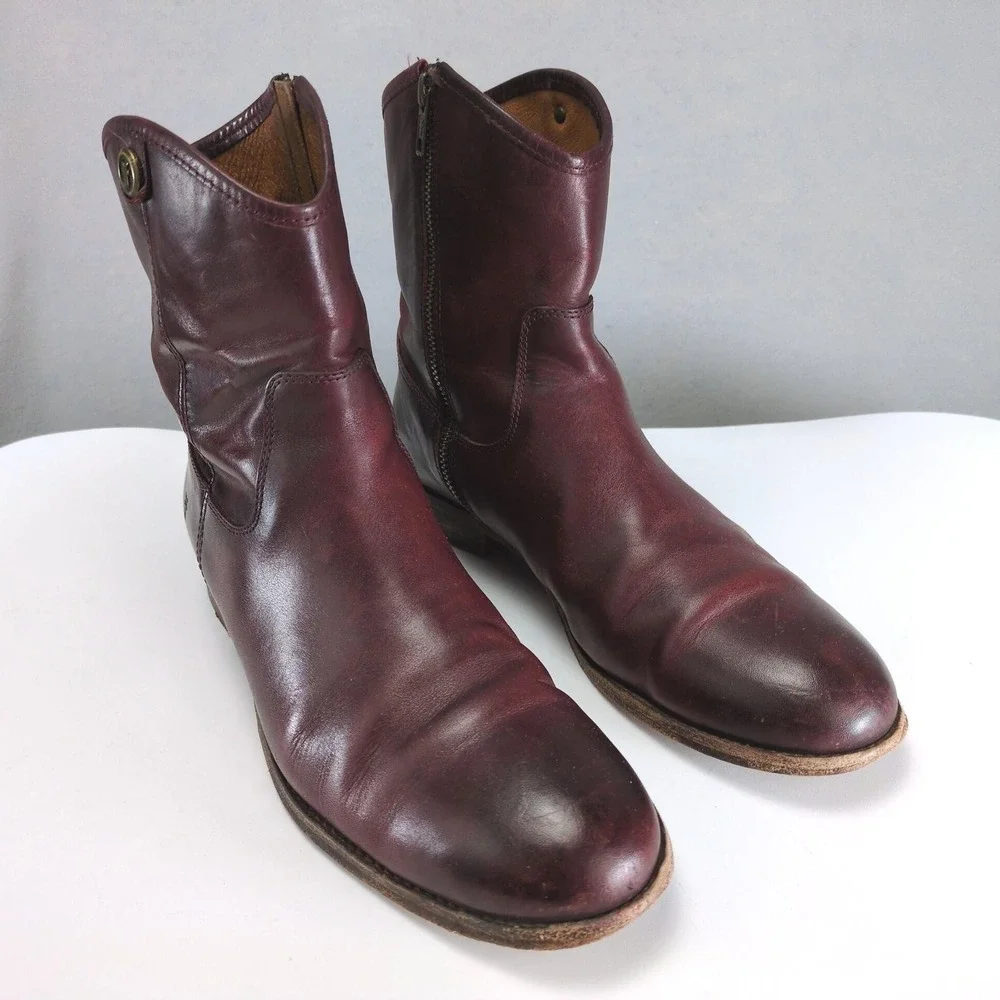 Frye Melissa Wine Leather Ankle Boots Womens 10 Side Zip 1